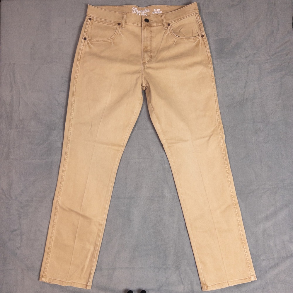 Wrangler Retro Slim Straight Pants Mens 35x34 Tan Khaki Excellent 1088MWZTN